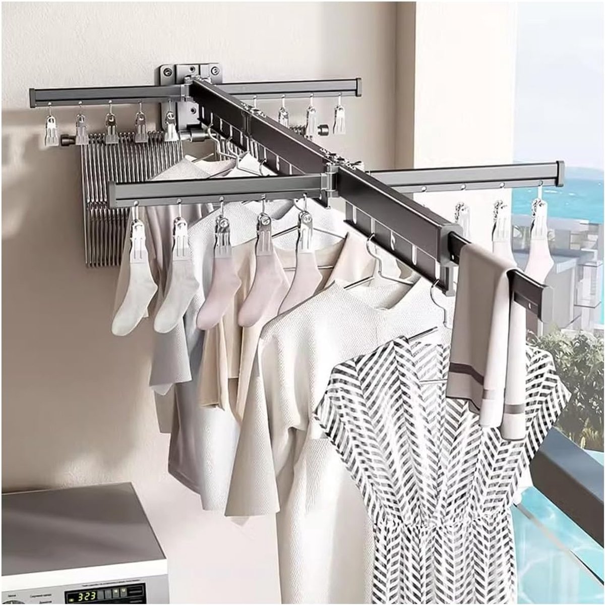 Uitschuifbaar wanddroogrek met haken, 360° draaibaar, voor balkon, wasruimte, badkamer, antracietgrijs