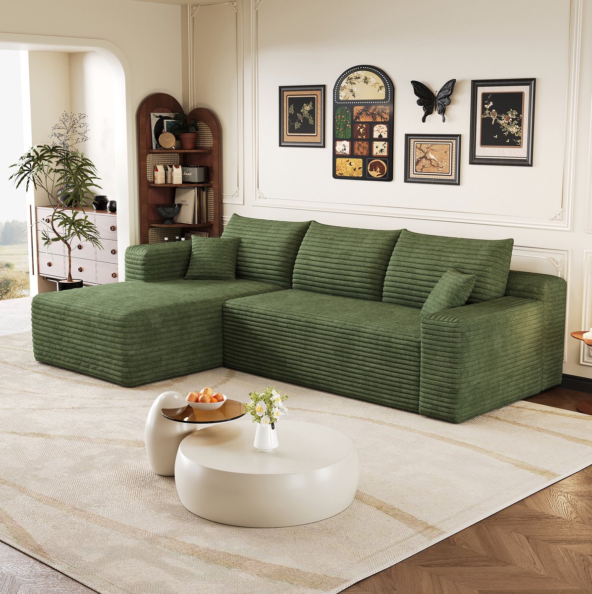 DESMIU Bank - Hoekbank 241 Cm - Zonder Montage En Met Hoge Veerkracht - Voor Woonkamer - Ribstof - Groen Green