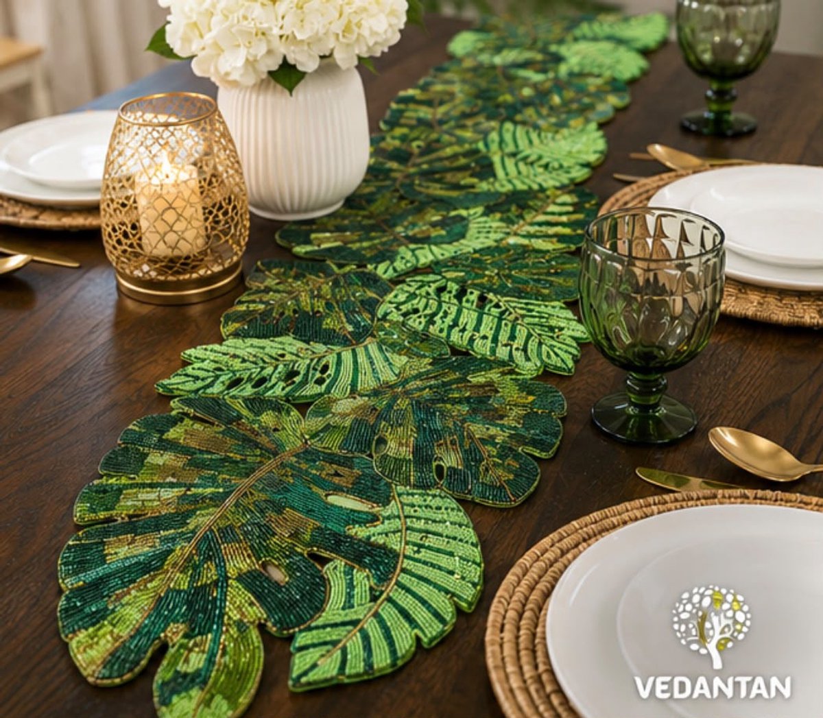 Vedantan Luxury Floral Table Runner - 1 Piece - Beads Handwork - Luxury Design - Scratch Resistant Heat Resistant -13x36 Inches - 33 x 91 cms - Dining Room - Living Room - Table Decoration - Green Brown