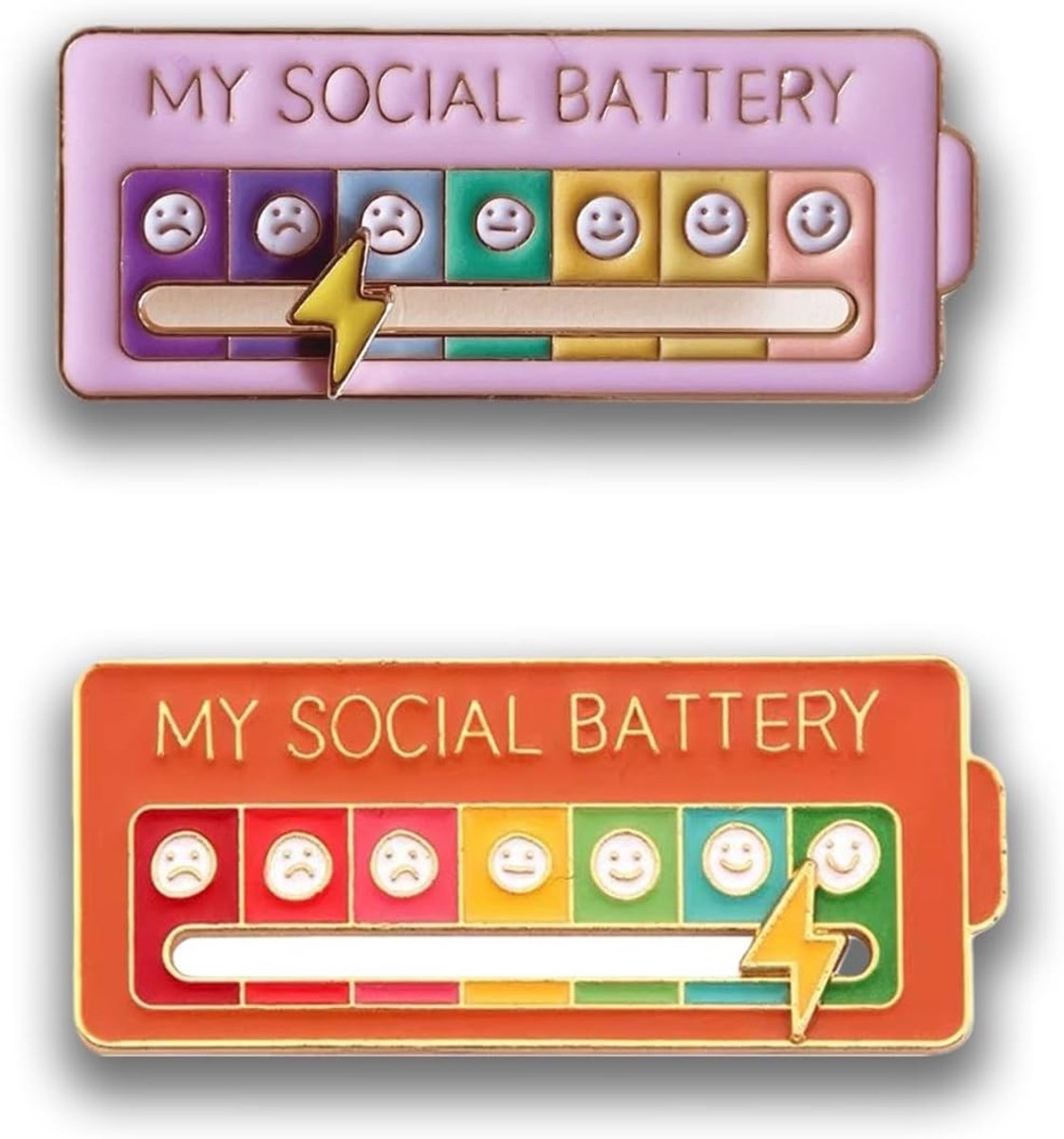 Grappige sociale batterijpins voor zelfexpressie - 2 stuks emaille pins voor jassen, rugzakken en hoeden, modieus accessoire voor elke outfit