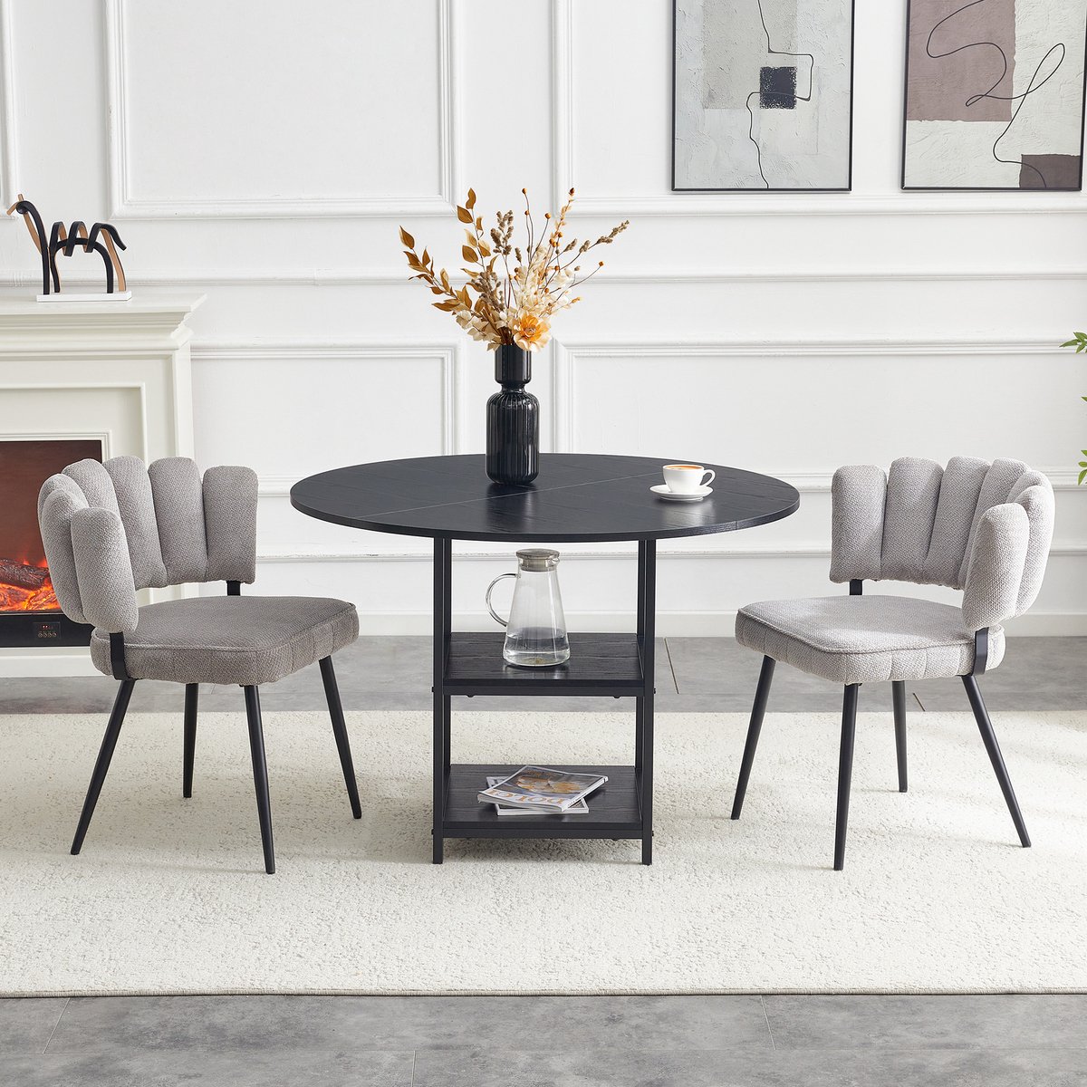 Wishdor Ronde eettafelset 107 cm voor 2 personen - Industrieel design met dubbele opbergniveaus - Zwarte tafel, grijze stoffen stoelen - Bewerkt hout en metaal