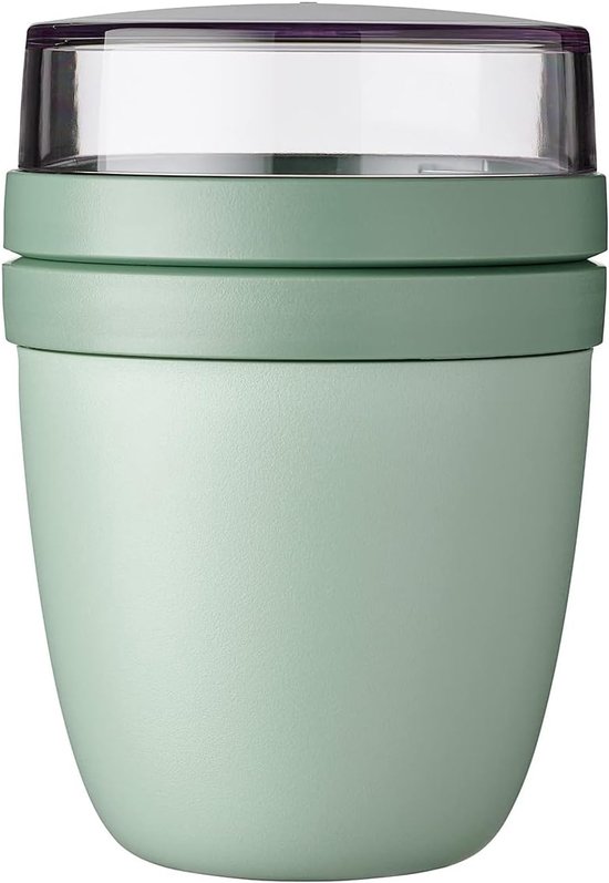 Pot à déjeuner Mepal Ellipse vert sauge nordique avec couvercle transparent.