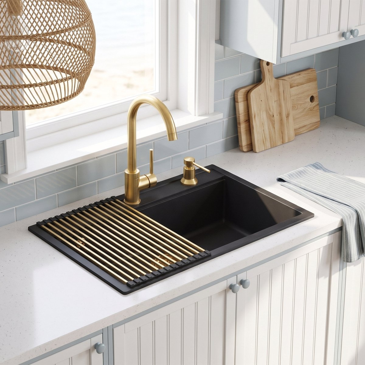 Inbouw-granieten-spoelbak-Gurari SQQ103-601W Zwart / Gouden design, incl. sifon, 795 × 505 mm + 5523 G Messing Keukenkraan + RM-2845-G Oprolbare afdruipmat, siliconen + roestvrij staal, 285 × 450 mm