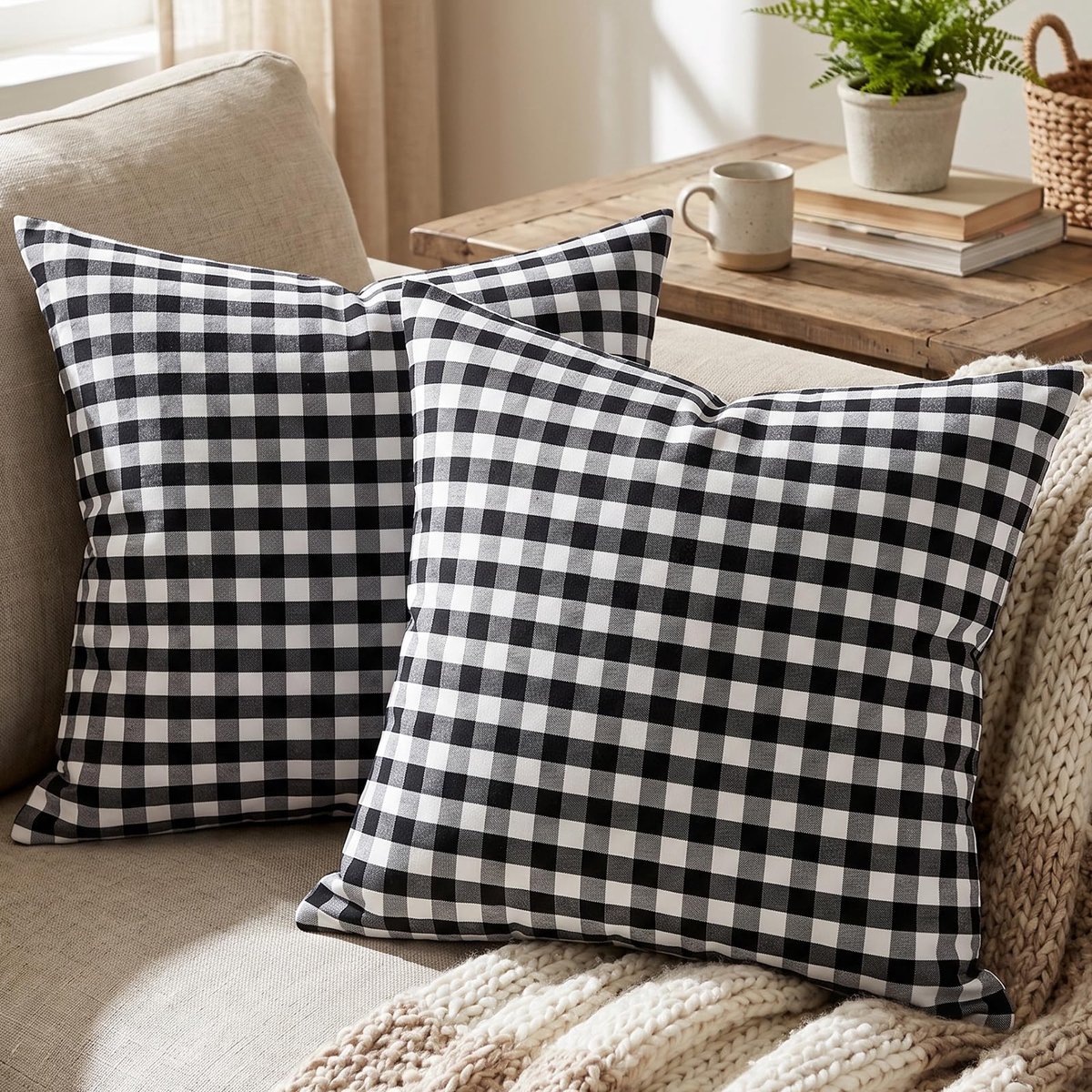 Decoratieve kussenhoes, kussenhoes, zwart-wit geruit, 45x45 cm, set van 2 - ShopVlot