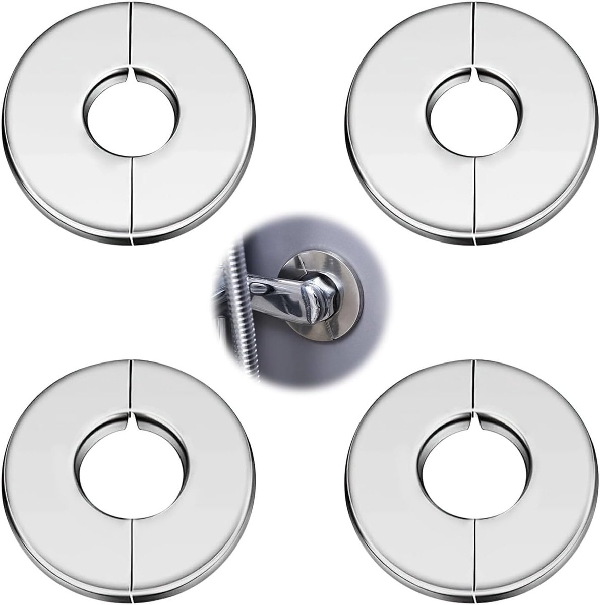 4pcs Shower Tube Cover Plate, Wall Split Flange Tube Covers, Silver, Stainless Steel, Round Rosette Plate for - ShopVlot