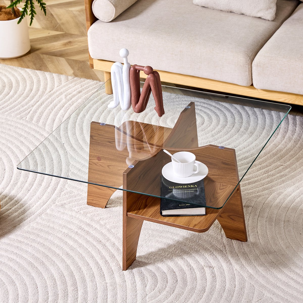 Vierkante Salontafel 80x80 cm - Moderne Glazen Salontafel Met Walnootlook Frame - Stevige Koffietafel Voor Woonkamer, Kantoor En Lounge - Scandinavisch Design Met Extra Opbergruimte