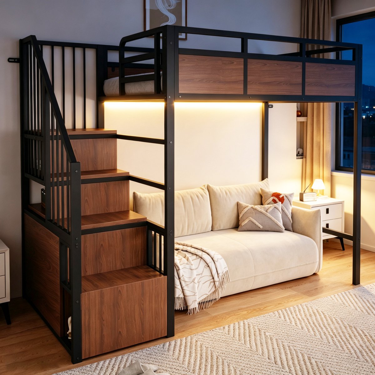 Black Metal-High Bed 90 x 200 cm - Modern Safety Design With Wooden Elements - LED Lighting - Multifunctional