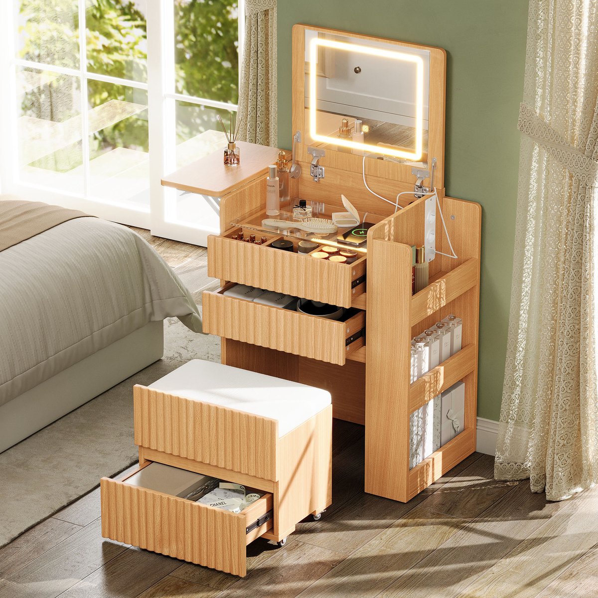 Kaptafel Met LED Spiegel - Make Up Tafel Met USB, Stopcontacten En 3 Laden - Moderne Toilettafel Naturel