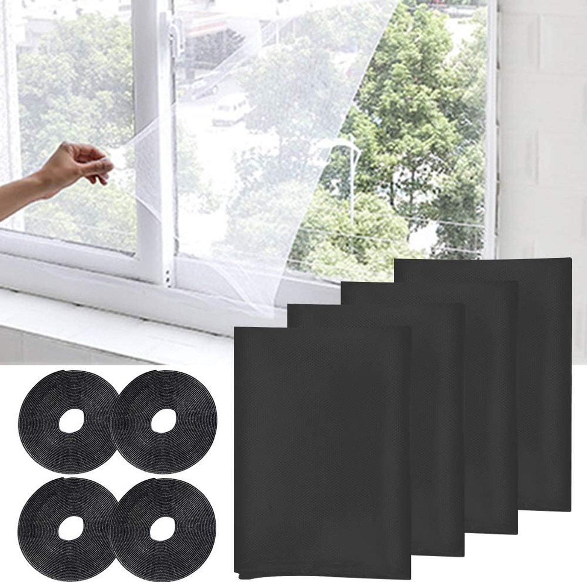 Insectenbescherming voor ramen - 1,5m x 2,0m - zwart vliegengaas-netten - eenvoudig te bevestigen met klittenband - SnelShoppen