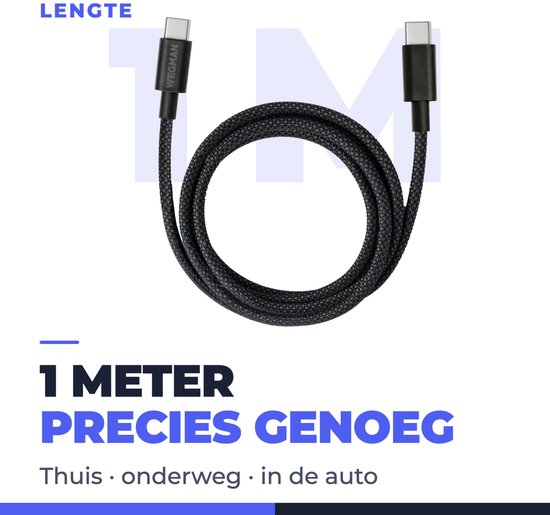 Zwarte 1 meter lange gevlochten USB-C kabel opgerold.