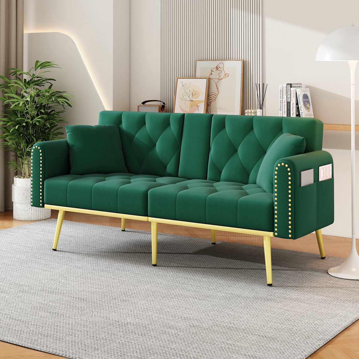 MEUNIQ slaapbank 175 x 80 x 73,5 cm met verstelbare rugleuning in 3 standen, uitklapbare ligfunctie, bekerhouder, 2 kussens en zijvak voor woonkamer of logeerkamer groen