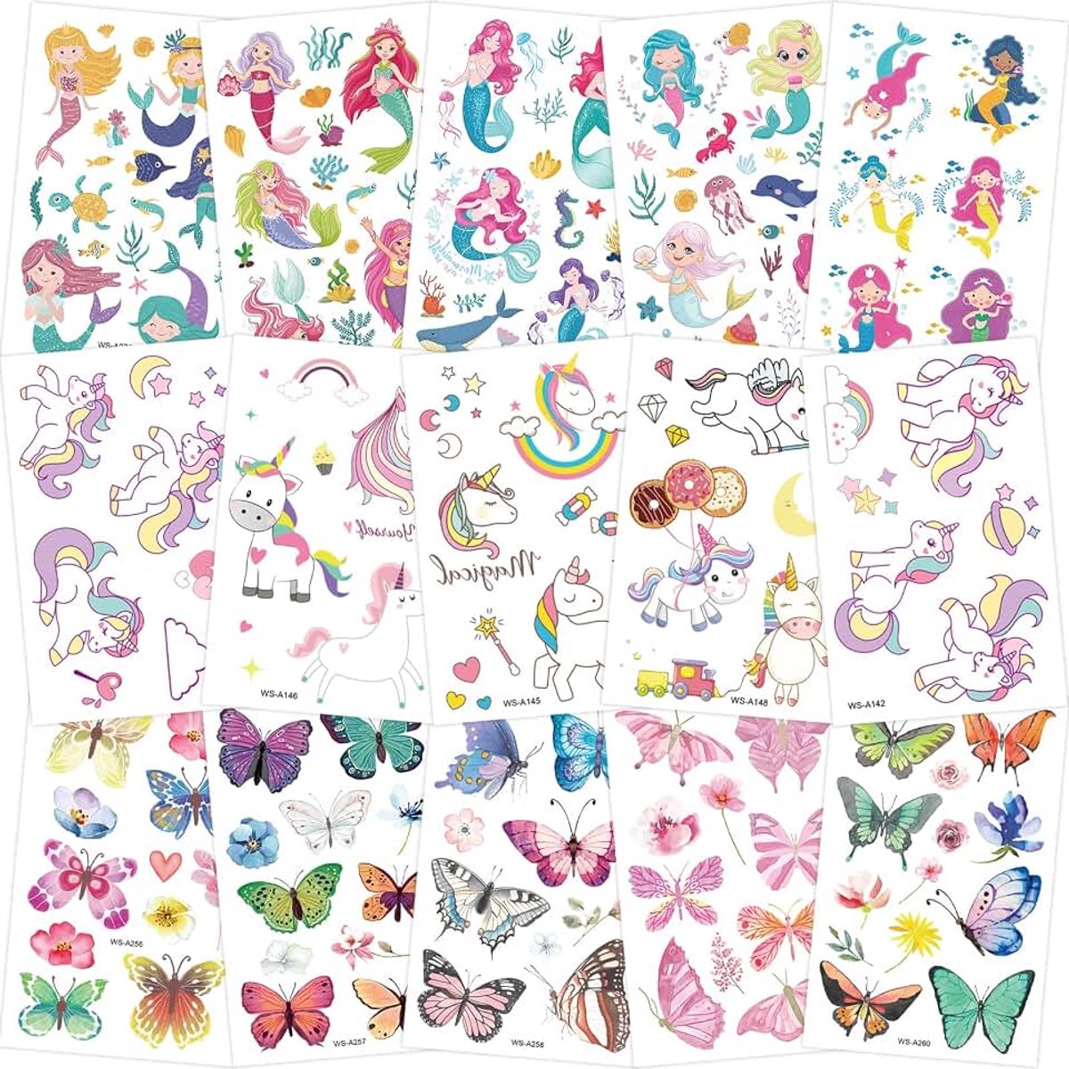 Tattoo's voor kinderen, meisjes, meer dan 150 stuks, vlinder, eenhoorn, zeemeermin, leuk voor op kinderfeestjes, schooltas, waterdicht, cadeau-idee