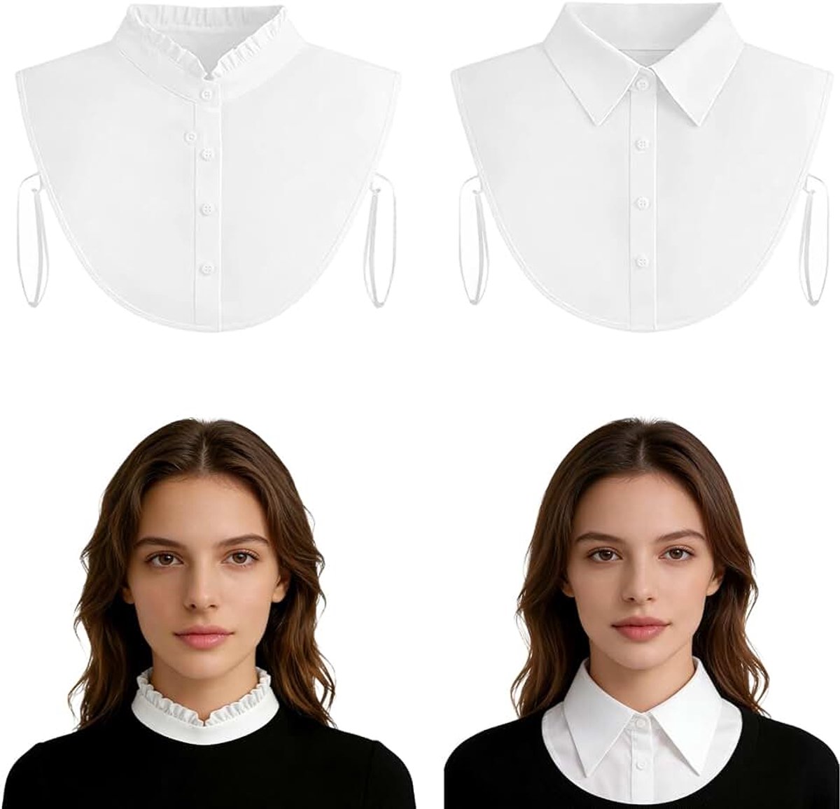 Set van 2 afneembare dameskraag met klassiek kant en volant, valse hemdkraag, wit, voor truien en tops