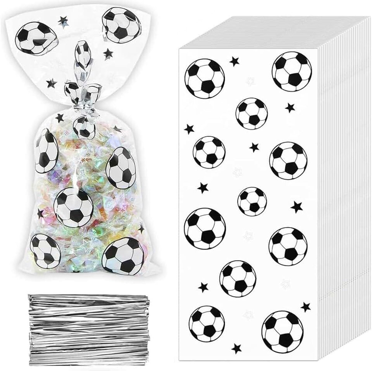 100 Stuks Voetbal Traktatie Zakken Cellofaan Party Tassen Thema Goody Traktatie Zakken met 100 Stuks Zilveren Twist Ties voor Kinderen Voetbal Thema Verjaardag