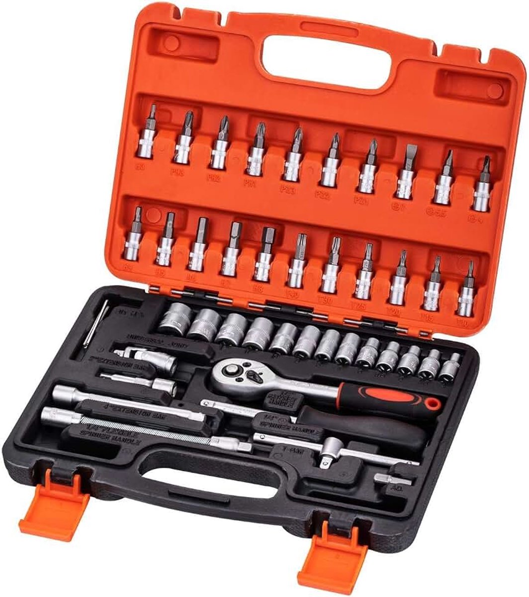 1/4 Inch Socket Set 46 stuks, Mechanische Tool Set 4-14mm Metrische Aandrijving met 24-tanden Quick-Released Ratelsleutel, Verlengstangen, Universele Joints en Bits, Hoogwaardig Chroom Vanadium