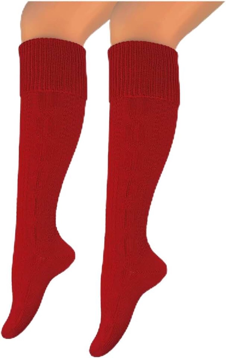 Klederdrachtkousen voor dames en heren, wandelkousen, wandelsokken, kniekousen met elegant gebreid patroon, vlechtpatroon, kniehoog, rood, Oktoberfest, volksfeest, bruiloft, wandelen, dirndl