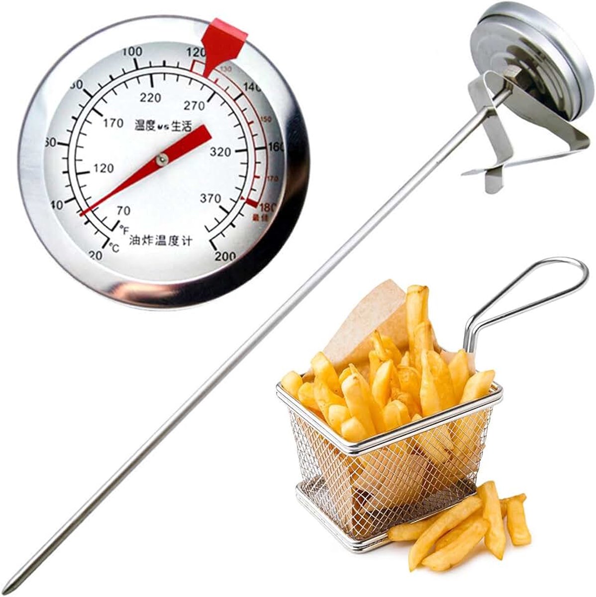 Vetthermometer, analoge braadthermometer van roestvrij staal, keukenprofessionele frituurthermometer van roestvrij staal met praktische clip, keukenthermometer, grillthermometer, perfect