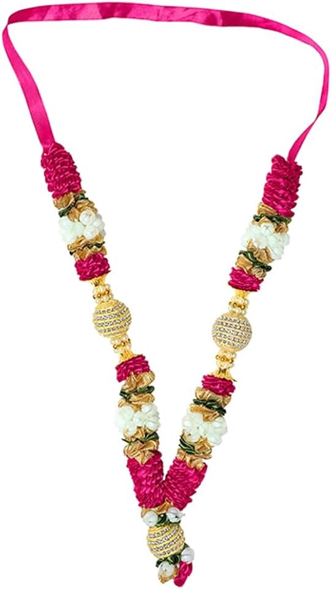 Flowers Ribbon Garland Haar Mala Large Pink White for Idol-Mala for God, Pooja Sringar Articles ornament for Multipurpose Puja Decoration (size 14")
