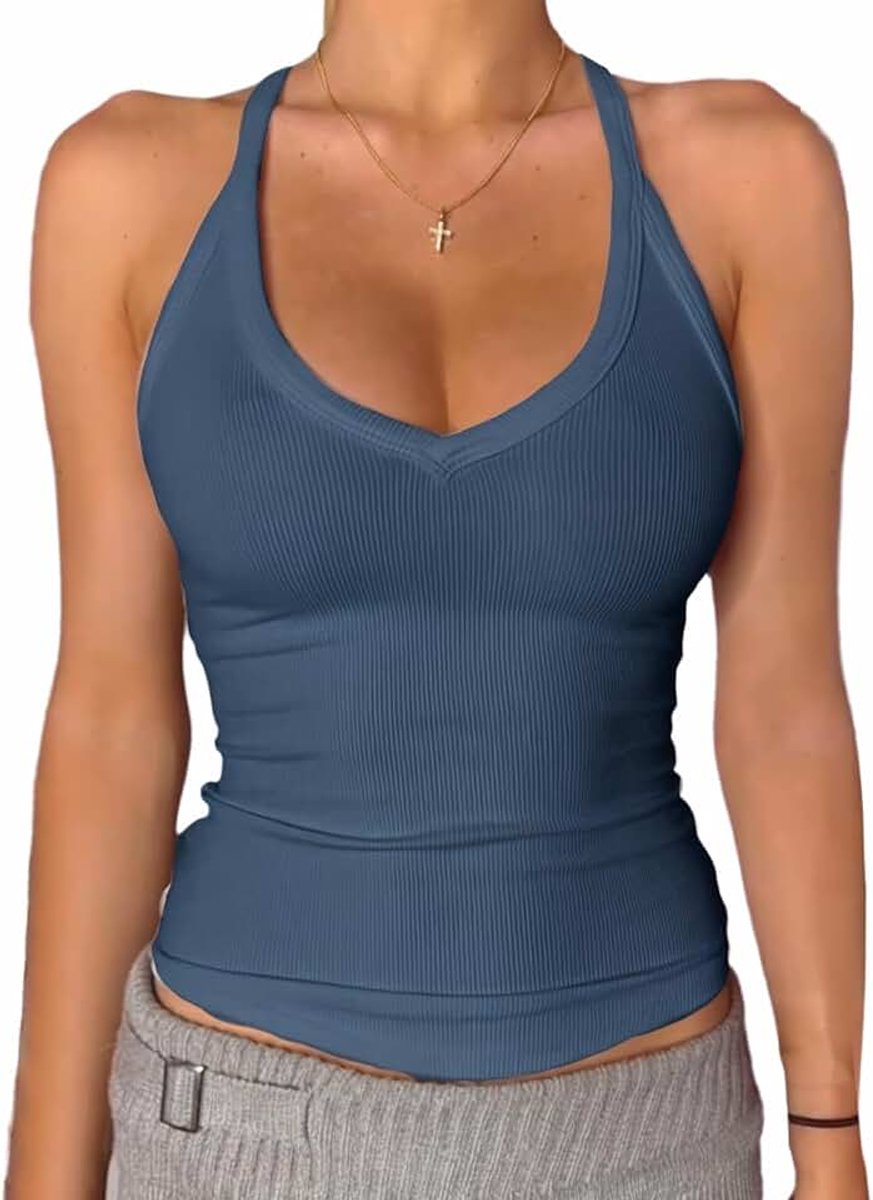 Dames V-hals Racerback Gewatteerde Geribbelde Lange Fitted Basic Cami Tops, Zeil set, L