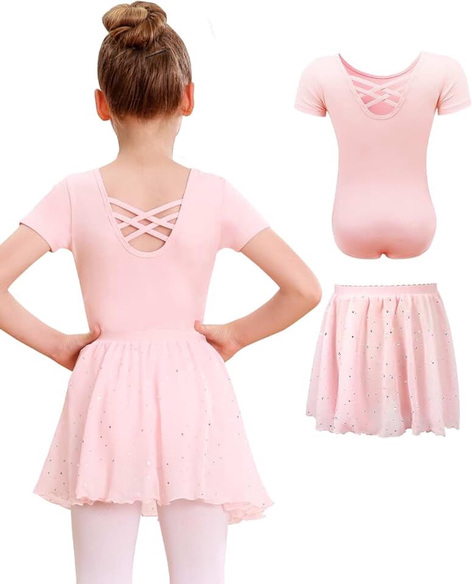 Balletjurk Voor Meisjes Katoen Balletkleding met Korte Mouwen Balletpak met Afneembare Chiffonrok met Pailletten voor 3-11 jaar