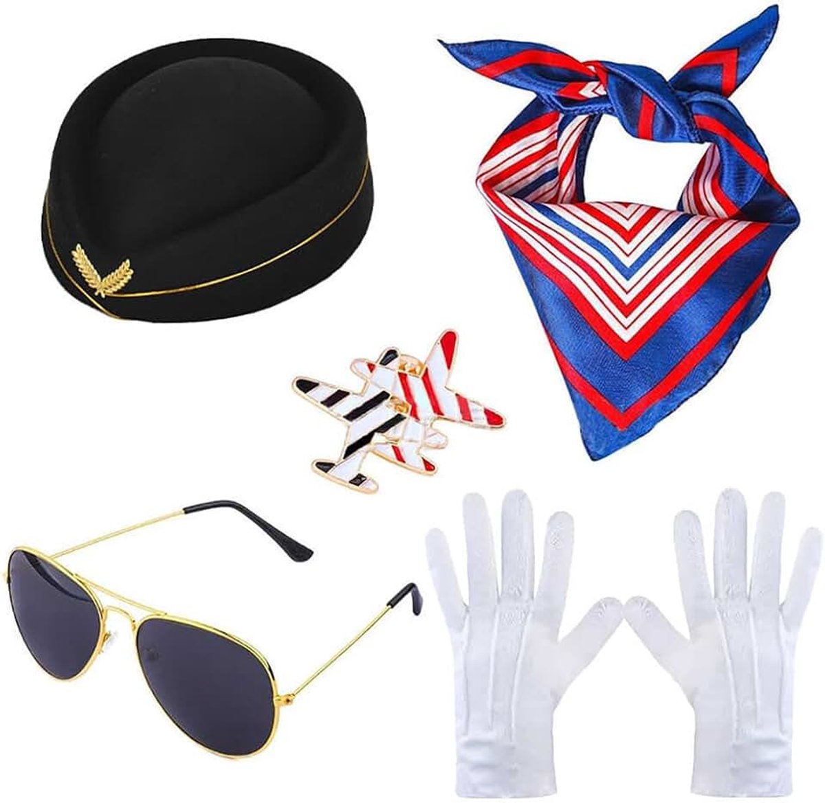 Vliegtuig, complete set, kostuum, vlieghostess, professionele accessoires, muts, uniform, luchtvaart, cosplay, carnaval, themafeest