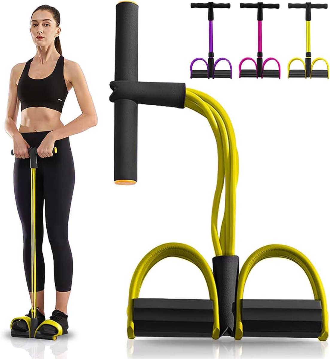 Beentrainer, bodybuilding en buikspiertrainer, multifunctioneel spankoord met 4 tubes, pedaal weerstandsband, trekkoord, krachttraining, yoga en afvallen