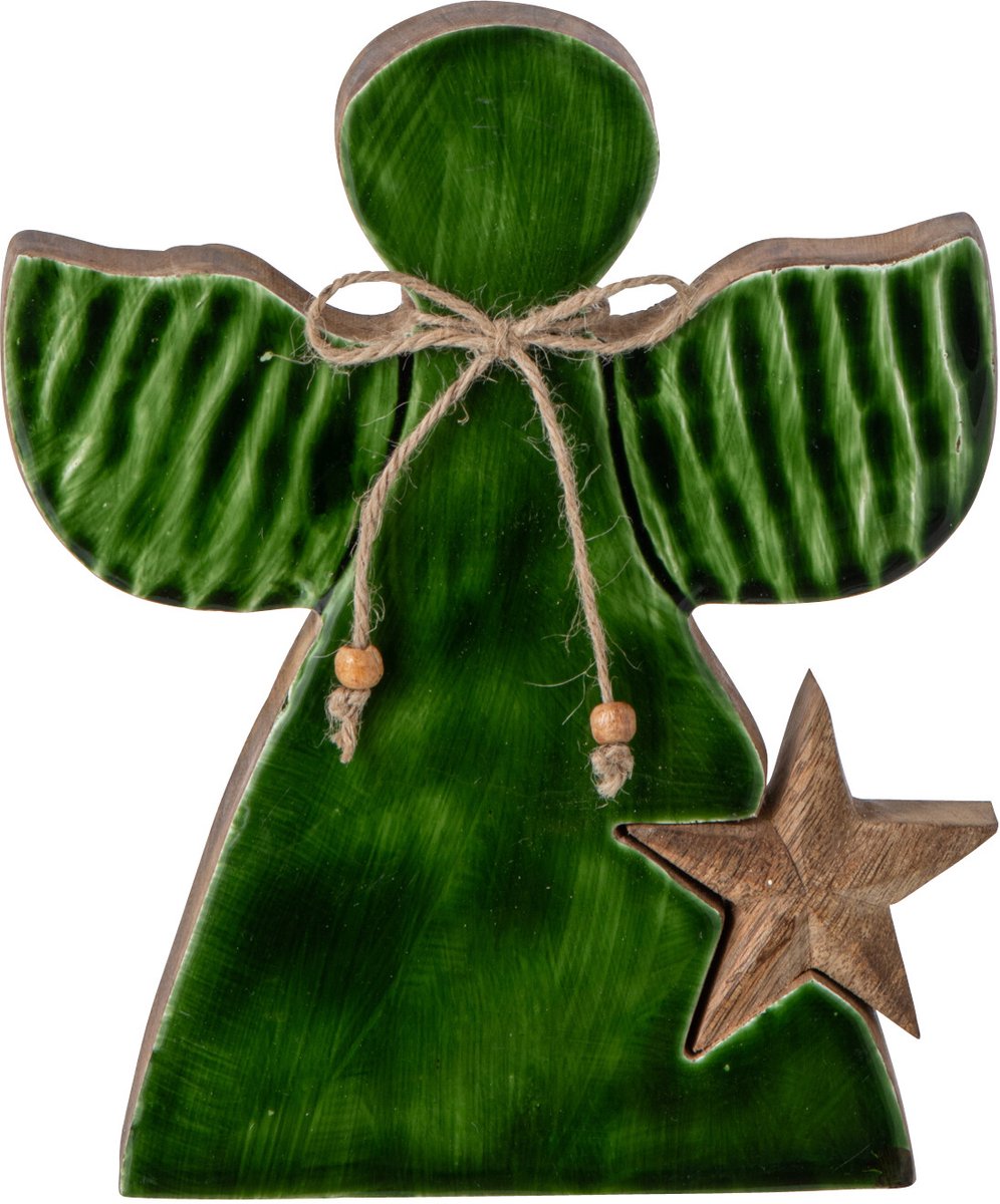 J-Line Engel en ster - mangohout - naturel/donkergroen - medium - set van 3