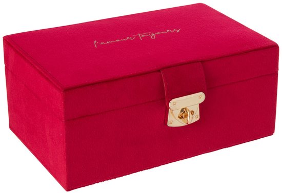 Gesloten rood fluwelen juwelendoosje met gouden 'l'amour toujours' tekst en een gouden slot.
