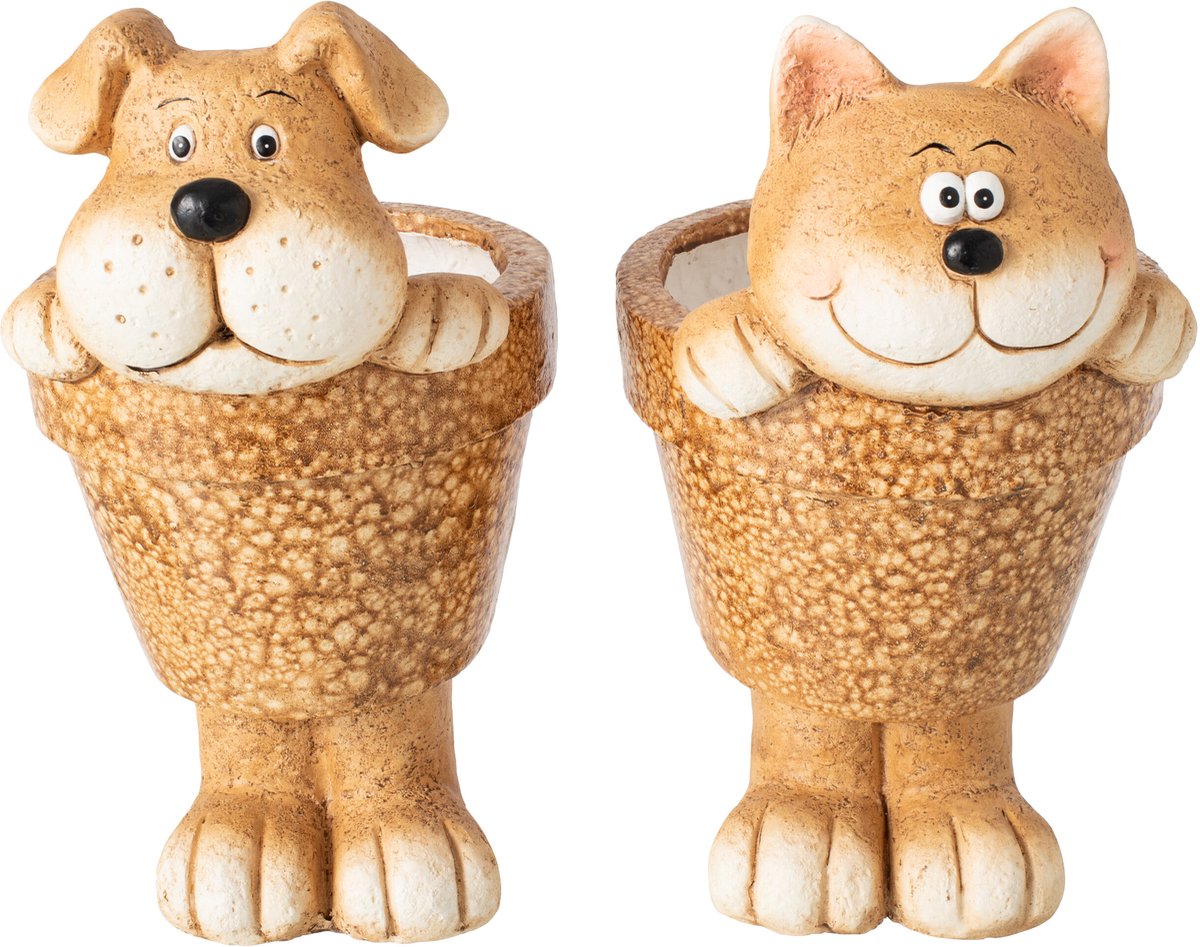 J-Line decoratie Hond + Kat in pot - magnesium - caramel - 2 stuks
