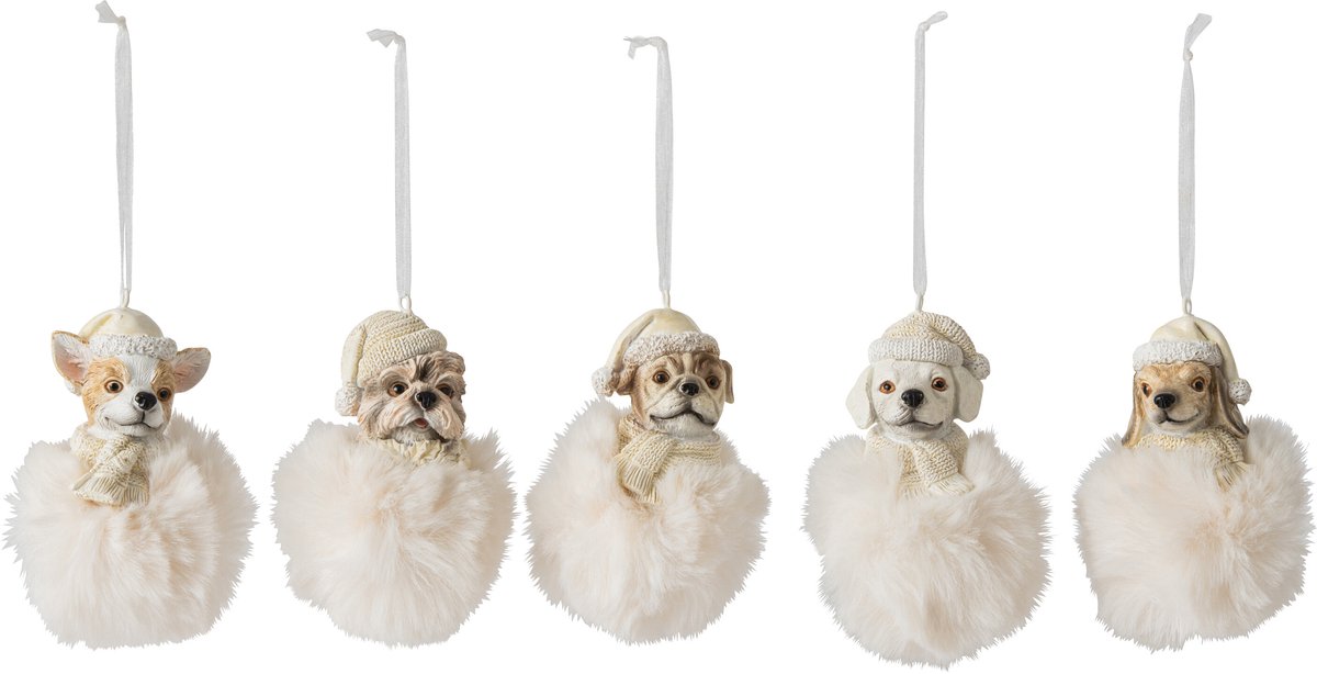 J-Line Hangende hond - polyresin - ecru - assortiment van 5