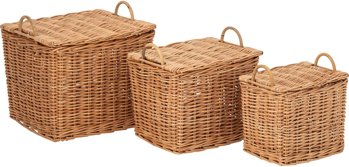 J-Line Manden met handvatten - riet - naturel - set van 3