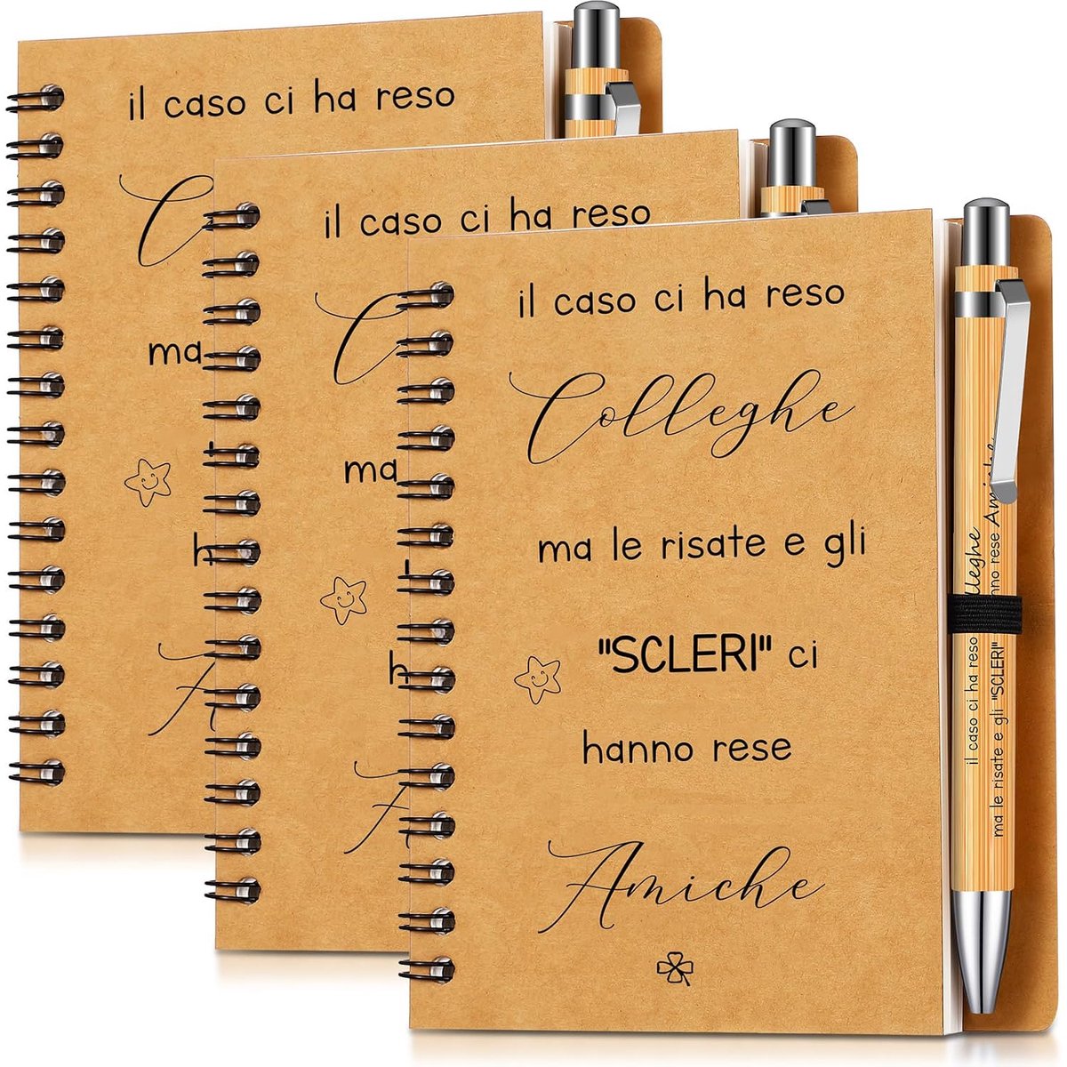 Set van 3 bedankjes voor collega's, motivatie, notitieboeken, Italiaans inspirerend spiraalnotitieboek, balpen van hout, motiverende cadeaus voor collega's