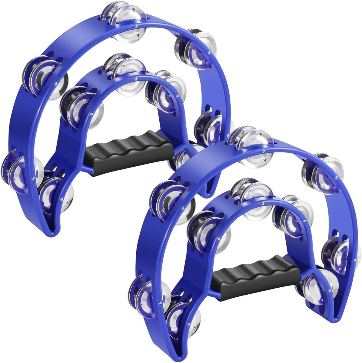 Tamboerijn metalen halve maan muziekinstrumenten dubbele rij metalen jingles handheld instrumenten percussie met ergonomische handgreep, tamboerijnen voor volwassenen, 2 stuks - blauw