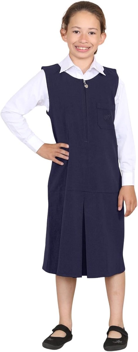 Overgooierjurk voor meisjes, schooluniform, mouwloos, ronde hals, plooijurk, effen, ritssluiting, overgooierjurk met hartzakken, praktisch schooluniform voor meisjes, leeftijd 2-16
