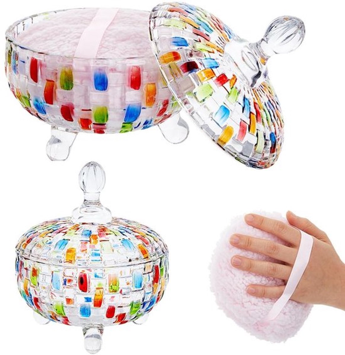 Poedercontainer Extra Groot - Set van 2 - Kristalglas - Body Poeder Puff - 15 cm Diameter - 20,2 cm Hoogte - Make-updoos