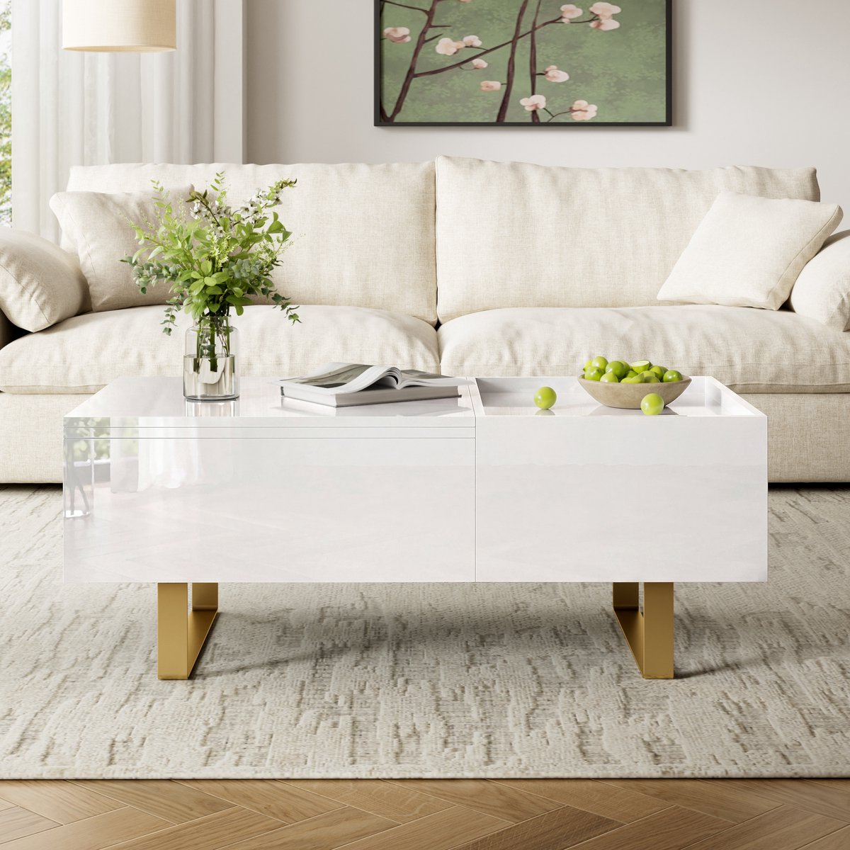 VVBV Salontafel - 100 x 50 x 54,5 cm, Wit, In Hoogte Verstelbaar, met 1 Lade, Opbergruimte, Hoogglans, Metalen Poten