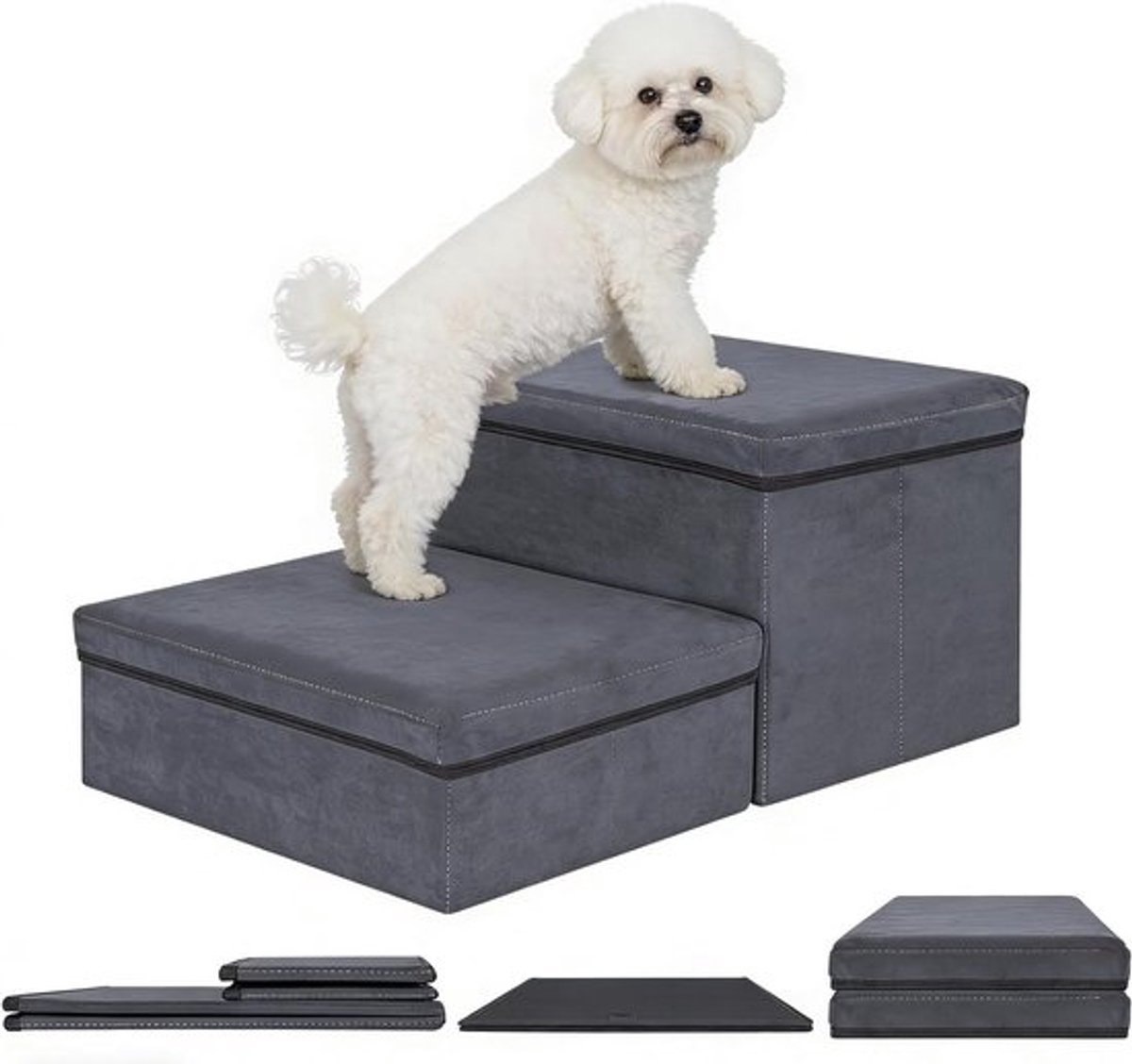 Hondenladder met Opbergruimte, Vouwbaar en Extra Brede Trap voor Kleine en Grote Honden en Katten, Donkergrijs