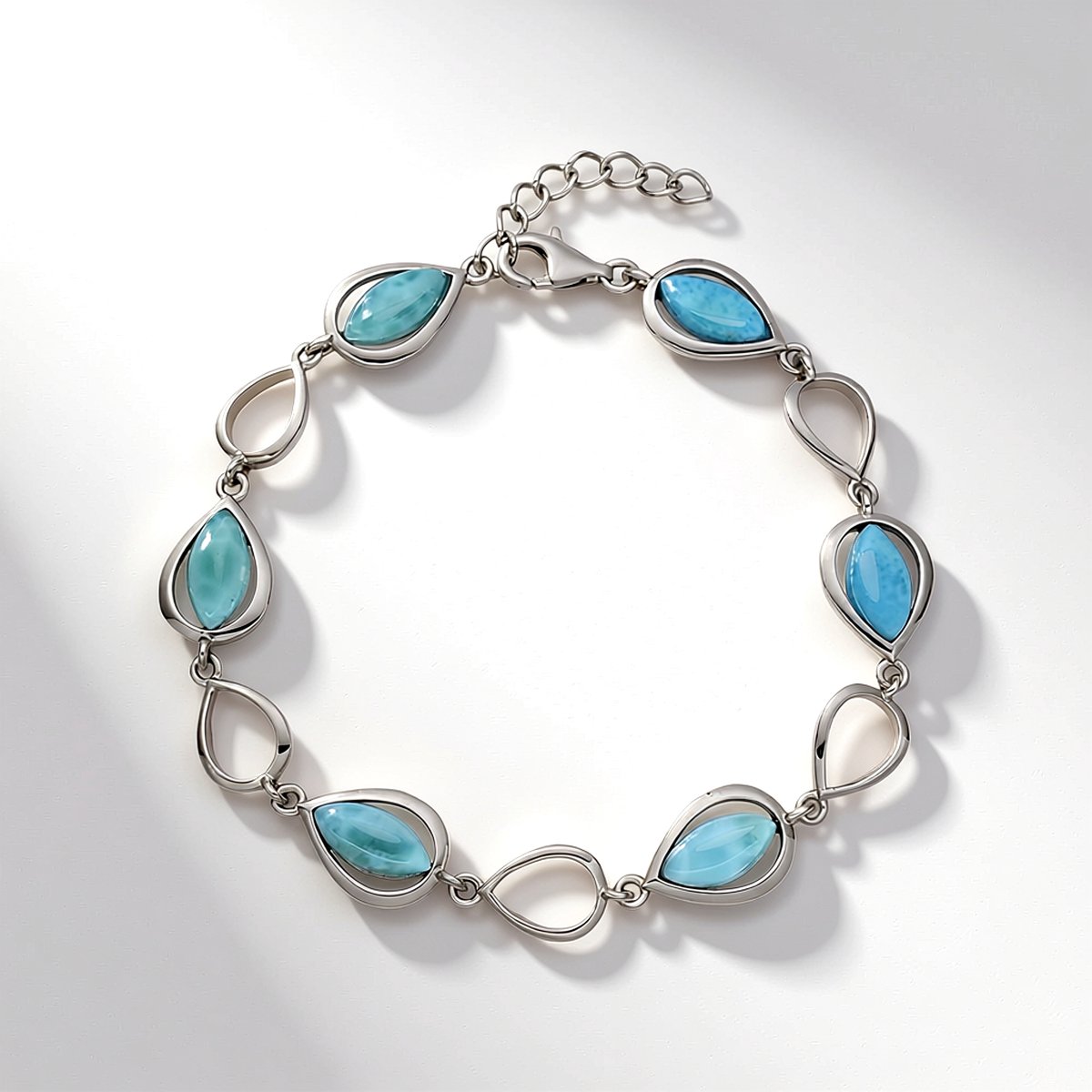 Cavill - Zilveren Armband Dames - 925 Sterling Zilver - 6 Larimar Marquise Cabochon 10,5 ct - Verstelbare Elegante Larimar Sieraden