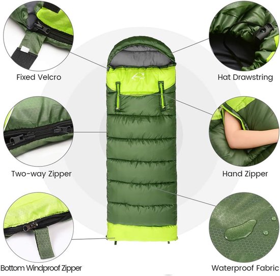 Mummy Slaapzak - Outdoor Slaapzak - Kamperen en wandelen - Twee-weg rits - 75x220 cm - Groen — afbeelding 3
