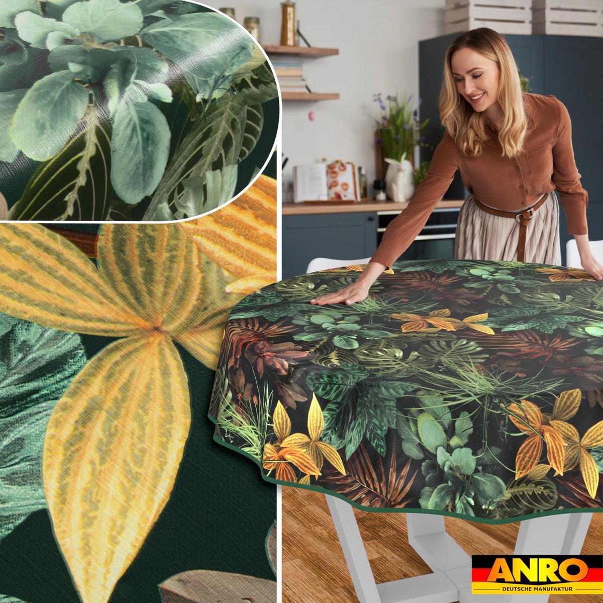 ANRO Tafelkleed Tropische bladeren Bruin Rond Ø140cm Met sierband Afwasbaar Waterafstotend