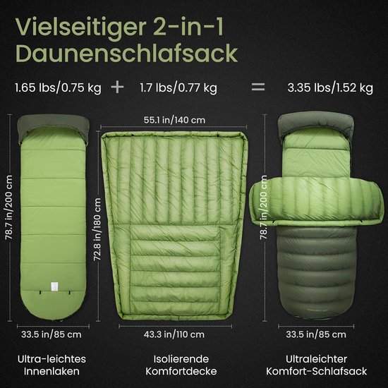 Donzen Slaapzak - Winter Slaapzak - Kamperen en Reizen - 3-in-1 Slaapsysteem - XXL 200x85 cm - Groen — afbeelding 2