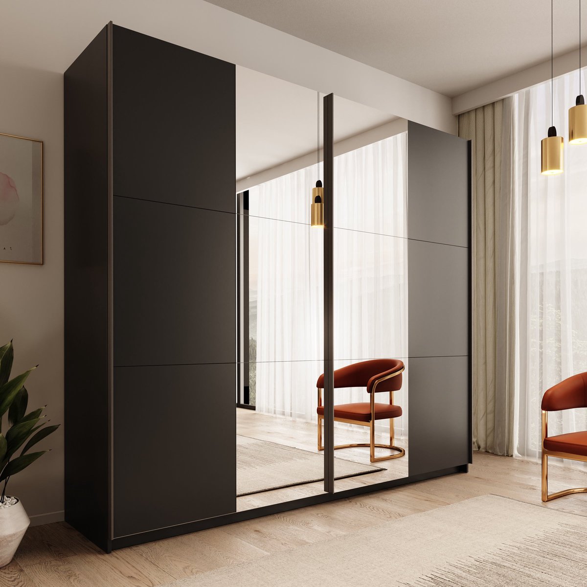 Meubella - Nuvola - Kledingkast met spiegel - Antraciet - 228x56x206 cm