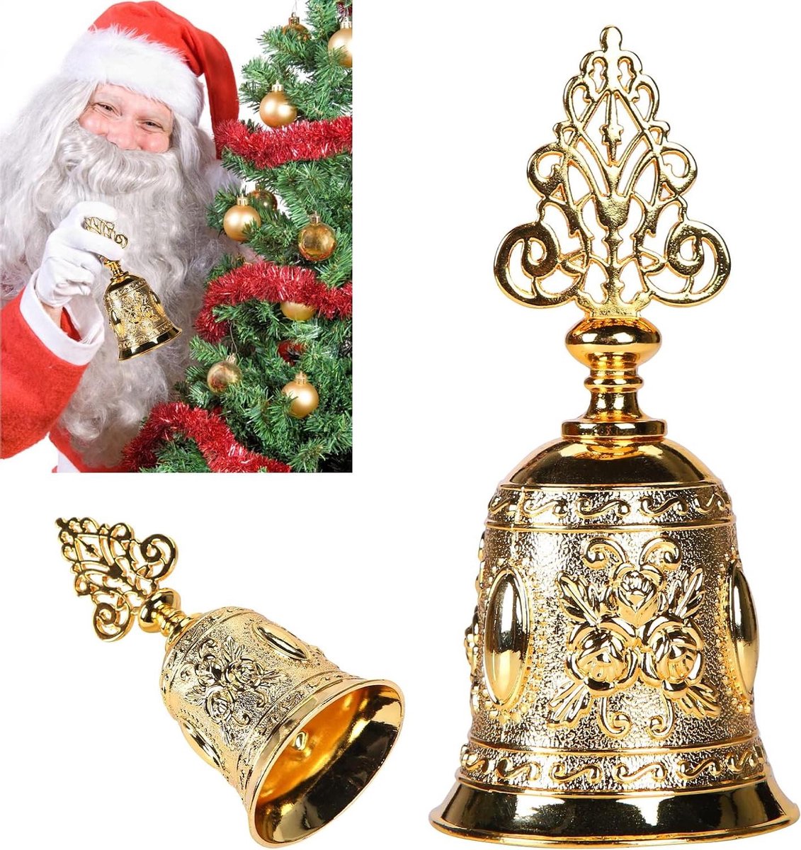Kerst Handbel - Tafelbel Vintage - Diner Oproep - Messing Reliëfpatroon - 10 x 5 x 1 cm - Goud