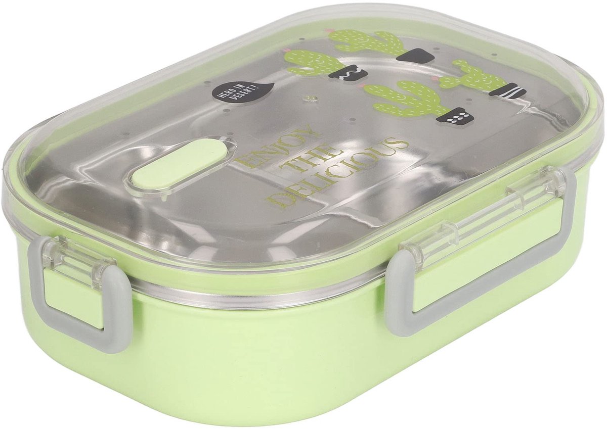 304 Rvs Lunchbox Compartiment Liner Thermische Isolatie Bento Lunchbox Illustratie Stijl Lekvrije Container voor Student Kinderen Transparante Groene Cactus