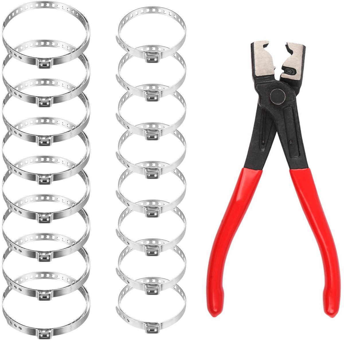 Manschetten Schellen Set van 17 Stuks, RVS CV Slangklemmen 25-50mm en 50-120mm, Met Rode Klemtang, Voor Huis en Auto Onderhoud