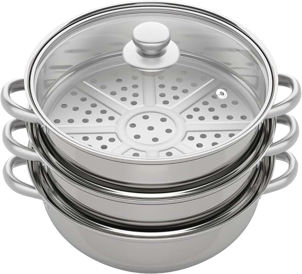 Stoompanset + glazen deksel met stoom, groenten, aardappel, inductie, kookpan, grote soeppan, kookpot, gastronomie, 3 etages