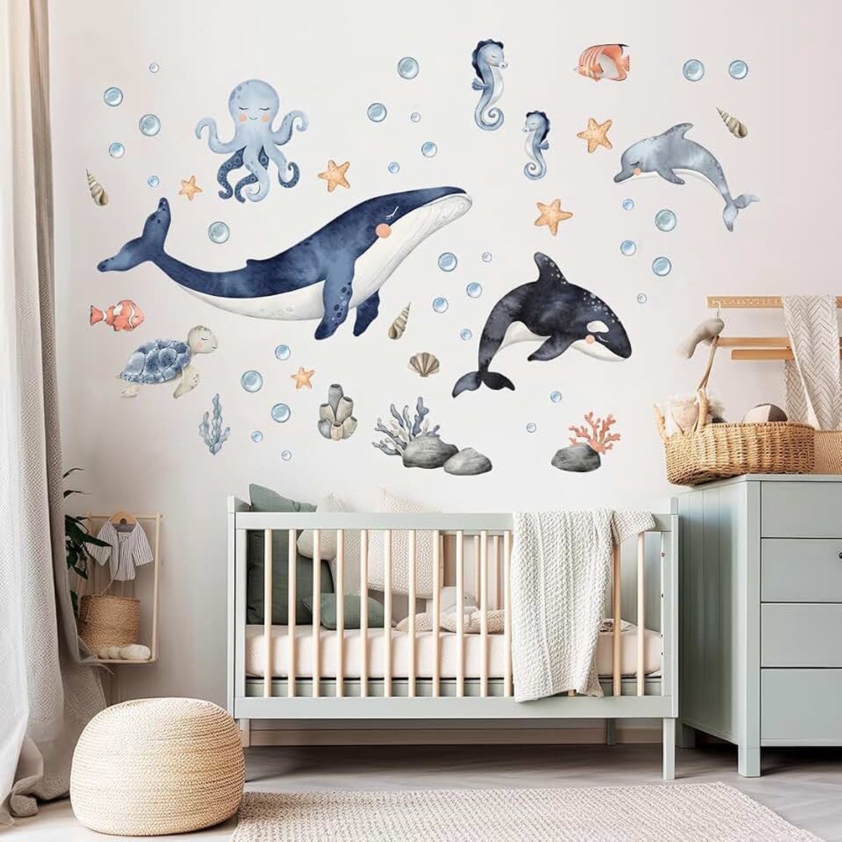 Muursticker kinderkamer - muursticker babykamer - niet-giftig, veilig, krachtig - set - zeedieren, walvis, dolfijn, inktvis, oceaan - blauw, beige - 52,5x145cm