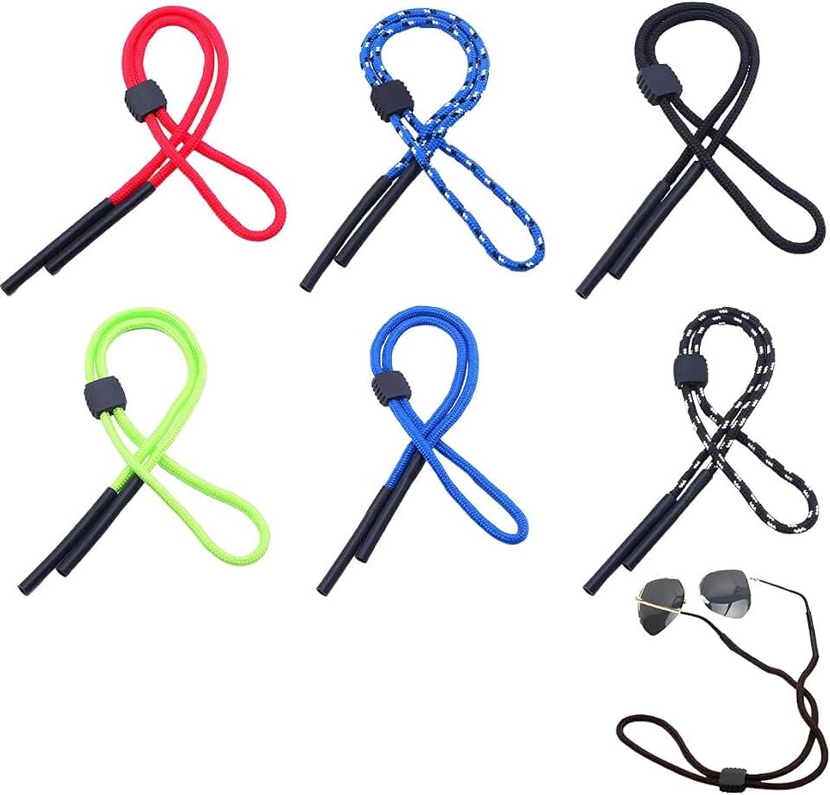 Band, 6 stuks verstelbare brillenband van polyester, ketting voor dames en heren, voor sport, geschikt voor leesbrillen, zonnebrillen, veiligheidsbrillen en sportbrillen