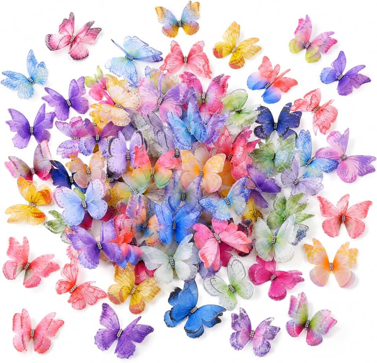 70 stuks kleurrijke vlinders, decoratie van organza, 3D-dubbellaagse vlinderdecoratie met strassteentjes, decoratieve vlinders voor wanddecoratie, kleding, doe-het-zelf knutselen en