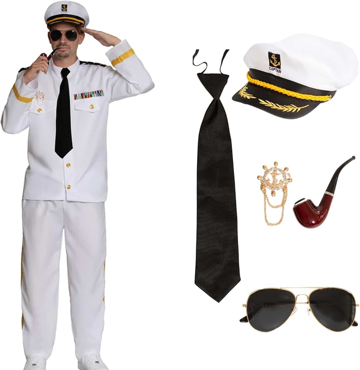 Kostuum Heren met Accessoires 7-Delig Shirt, Broek, Pet, Bril, Stropdas, Pijp & Horlogeketting Kapitein Jas Mannen Matroos Uniform Carnavalskleding - Maat M t/m
